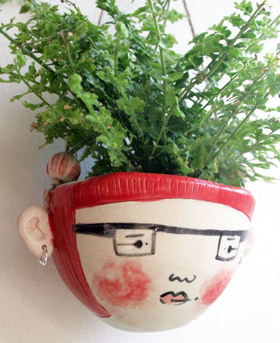 Ceramic mini hanging planter- Zoey- Bright red hair succulent plant pot