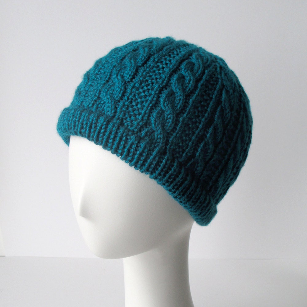 Hand Knit Cabled Hat in Teal