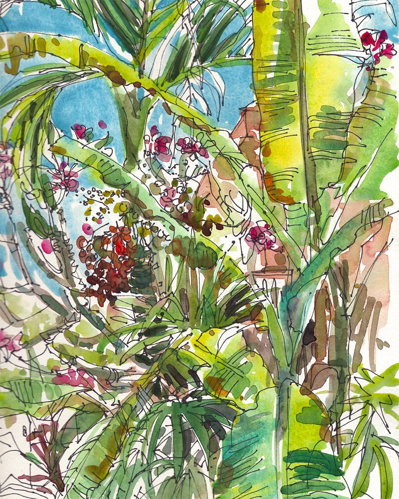 Emerald Green Tropical garden in Hawaii, watercolor sketch in bright pink, red, blue and green- 8x10 print