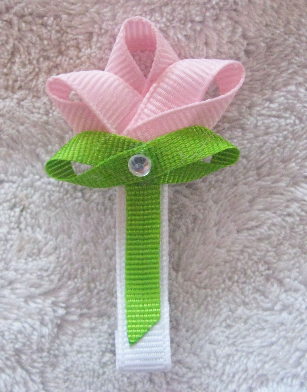 Sculpted Light Pink Tulip Bloom Hair Clip with Green Stem and Acrylic Gem - Customize Your Own
