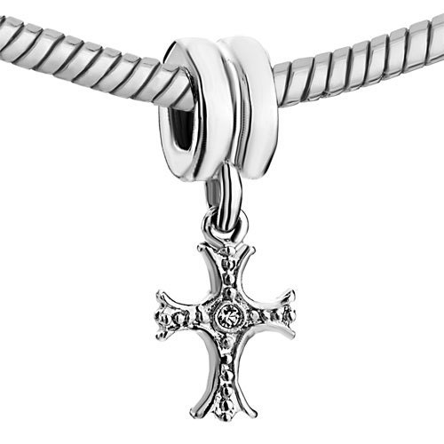 Pugster Silver Plated Clear Rhinestone Elegant Cross European Dangle Charm (130558)