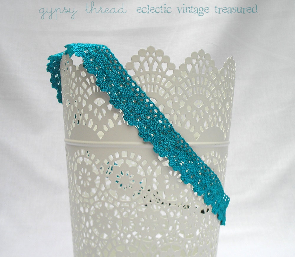 Turquoise Blue Crocheted Lace Stretch Headband, Comfortable, Elastic Back, Sized for Adults or Teens
