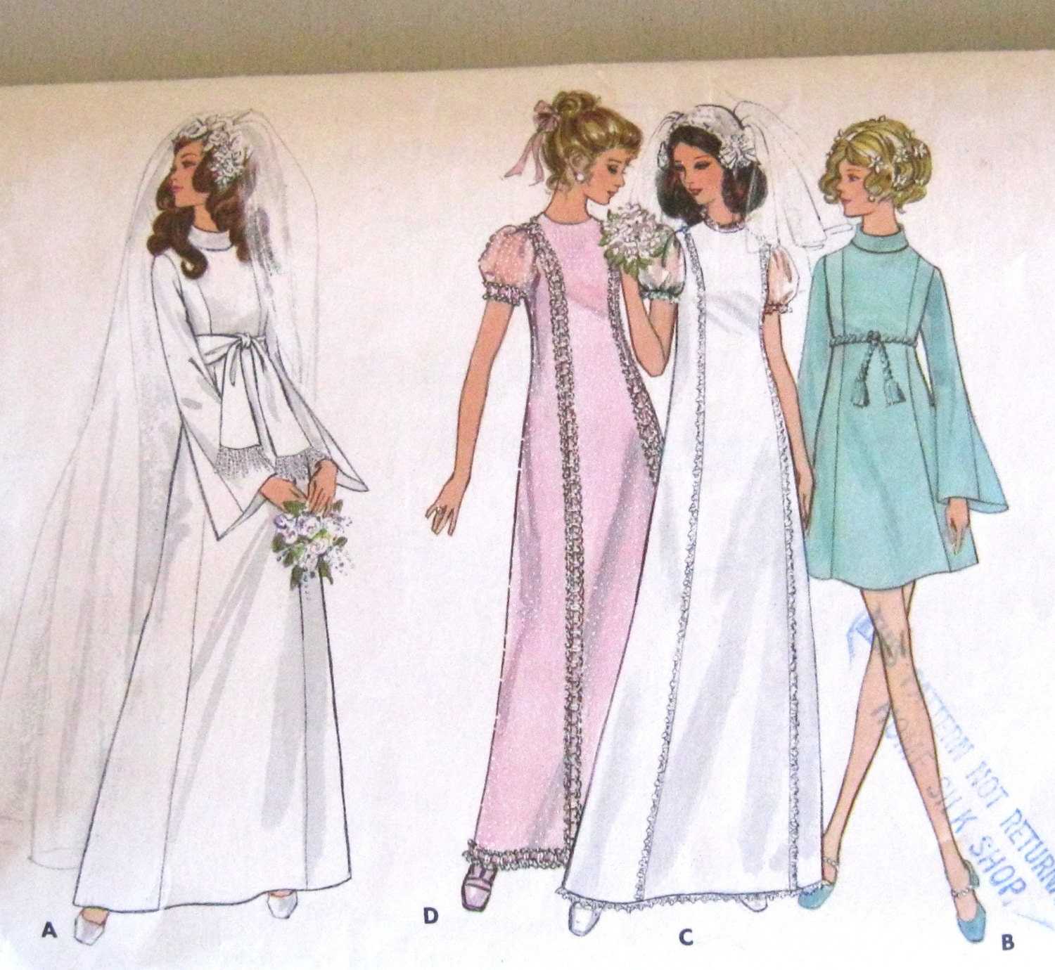 Butterick 5783 1970s Wedding Dress Pattern Bust 34 Bridesmaid Dress MOD Bell Sleeves Puff Sleeves Modest Misses Size 12