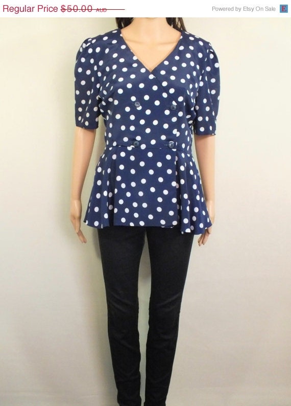 ON SALE Vintage Dorsam Fashions 1980s Double Breasted Peplum Blouse / Navy Blue and White Polka Dots / Size S - M