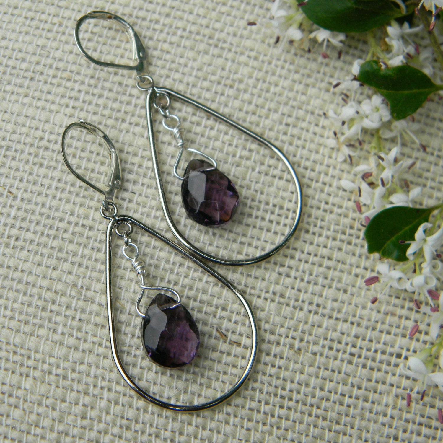 Hoop earrings purple glass handmade beaded earrings teardrop hoop dangles beaded jewelry modern earrings