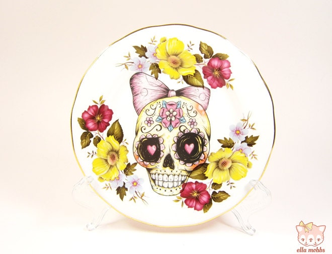 Vintage Butter Plate with a Yellow Sugar Skull Illustration