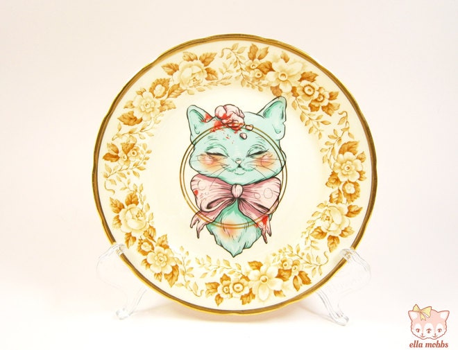 Vintage Butter Plate with a 'See No Evil' Cat Illustration
