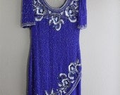 GATSBY STYLE- Beaded and sequin detail cobalt blue wiggle dress- amazing vintage- small SALE