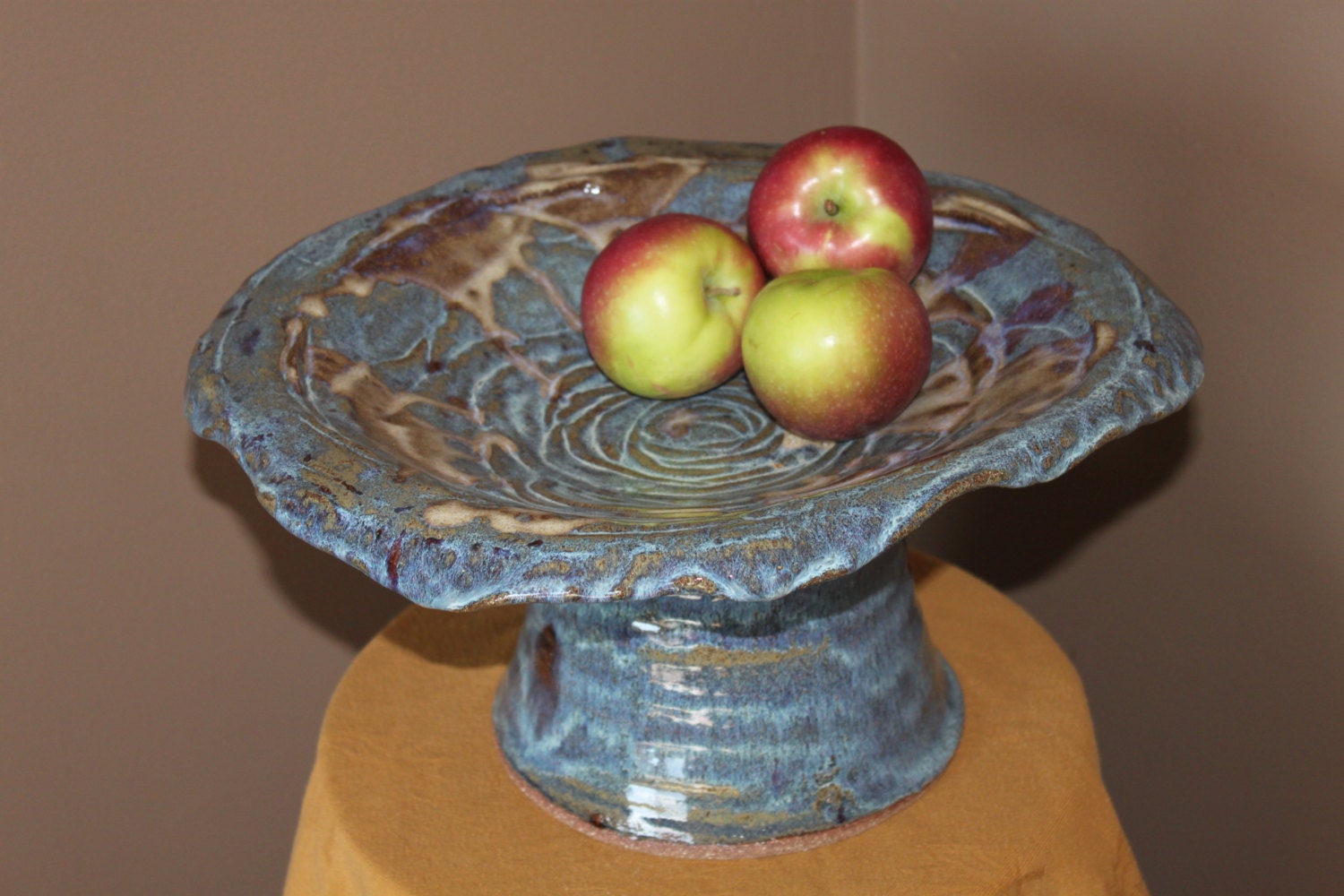 Handmade, scuplted and wheel thrown, stoneware multi-functional piece, fruit platter, bird bath, or serving plate, in lakeside blue