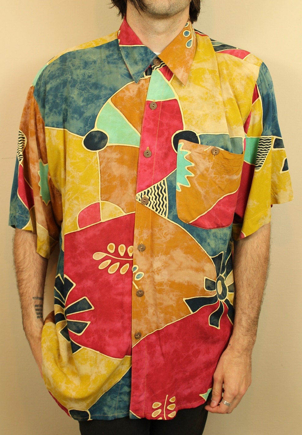 90s Mens Multi Color Astract Print Button Down Collar Shirt