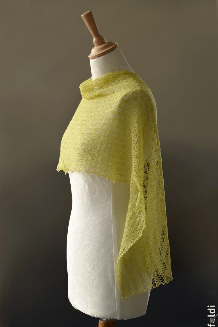 Knitted merino summer lace scarf stole wrap in lime spring bud green yellow colour