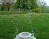 Recycled Vintage China Garden Bird Feeder, Beaded Wire Hanging Bird Feeder