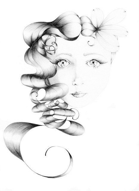 Pencil Drawing Fantasy Art "Beauty" Giclee Print of my Original Pencil Drawing  teamt Black and White