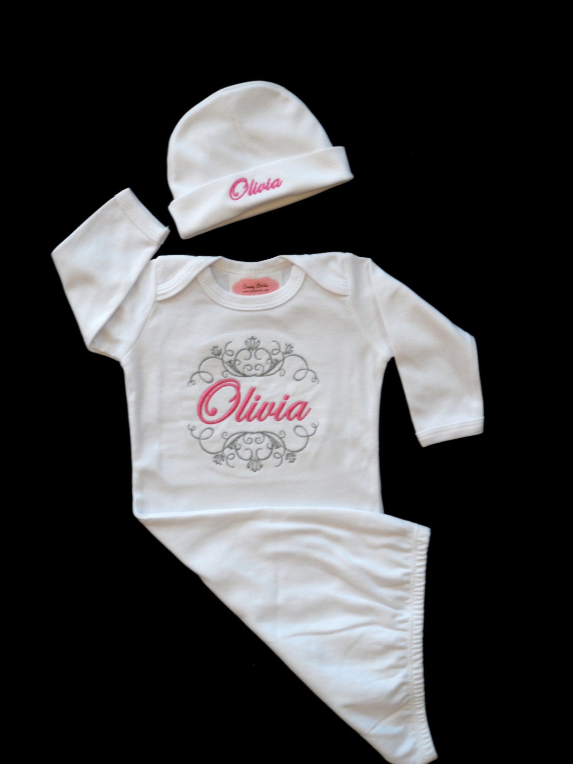 Newborn Take Home Outfit  Monogram Layette Gown Personalized Baby Girl Clothes Layette Gown and Personalized  Hat  Baby Girl Gift  Set