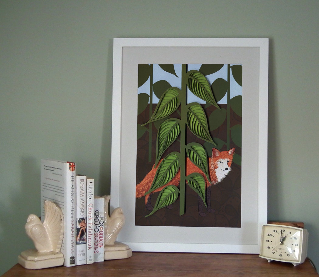Fox paper art print, hand drawn / paper quilling / cut paper fox poster, Stylized fox print