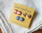 spring in my step - fabric button stud post earrings - set of 3
