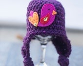 Girl's Valentine Crochet Purple Beanie with Felt Bird  - Ready to Ship newborn size