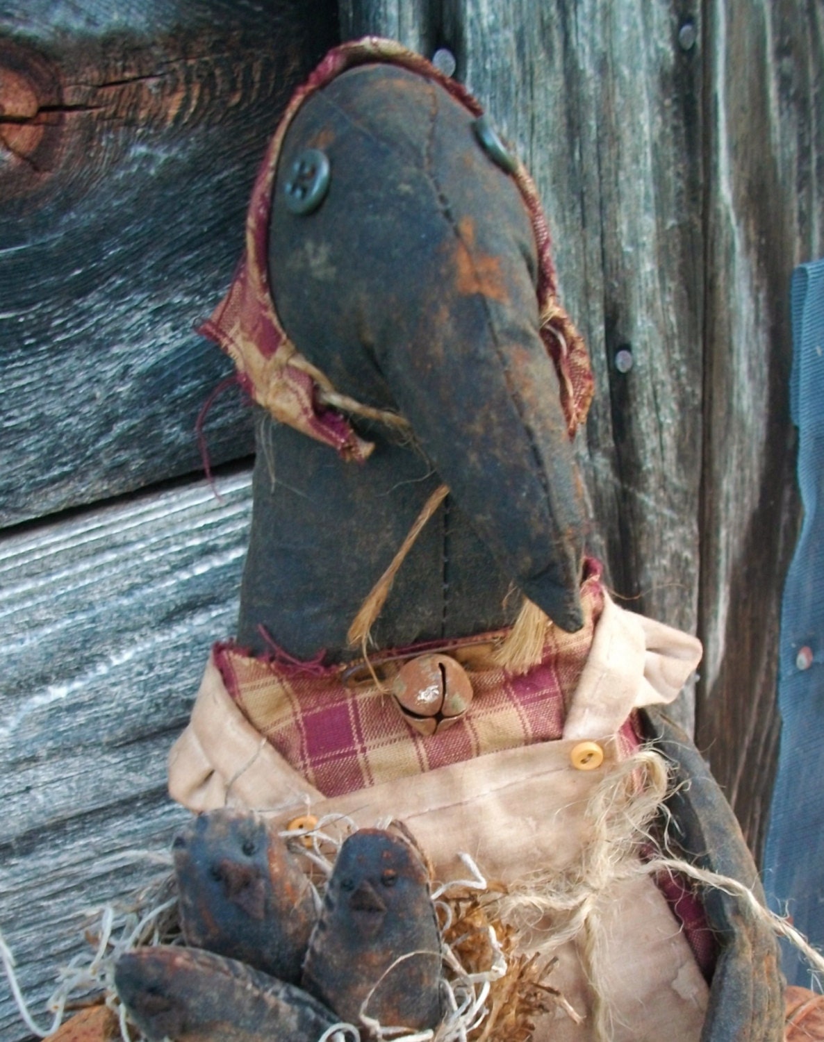 Primitive, Crow Doll,Nest,Baby Crows - Shelf Sitter, tuck  - For Hutch, Cupboard, or Mantel