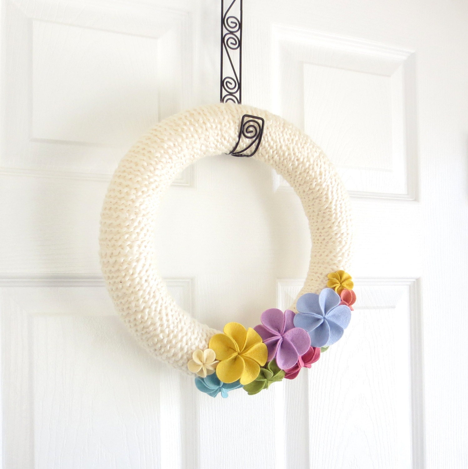 Spring Yarn Wreath. Yellow, Green, Pink, Blue. Purple, Pastels. Chartreuse, Ochre, Coral and Ocean. Wreath Felt Flowers with Spring Pastels.