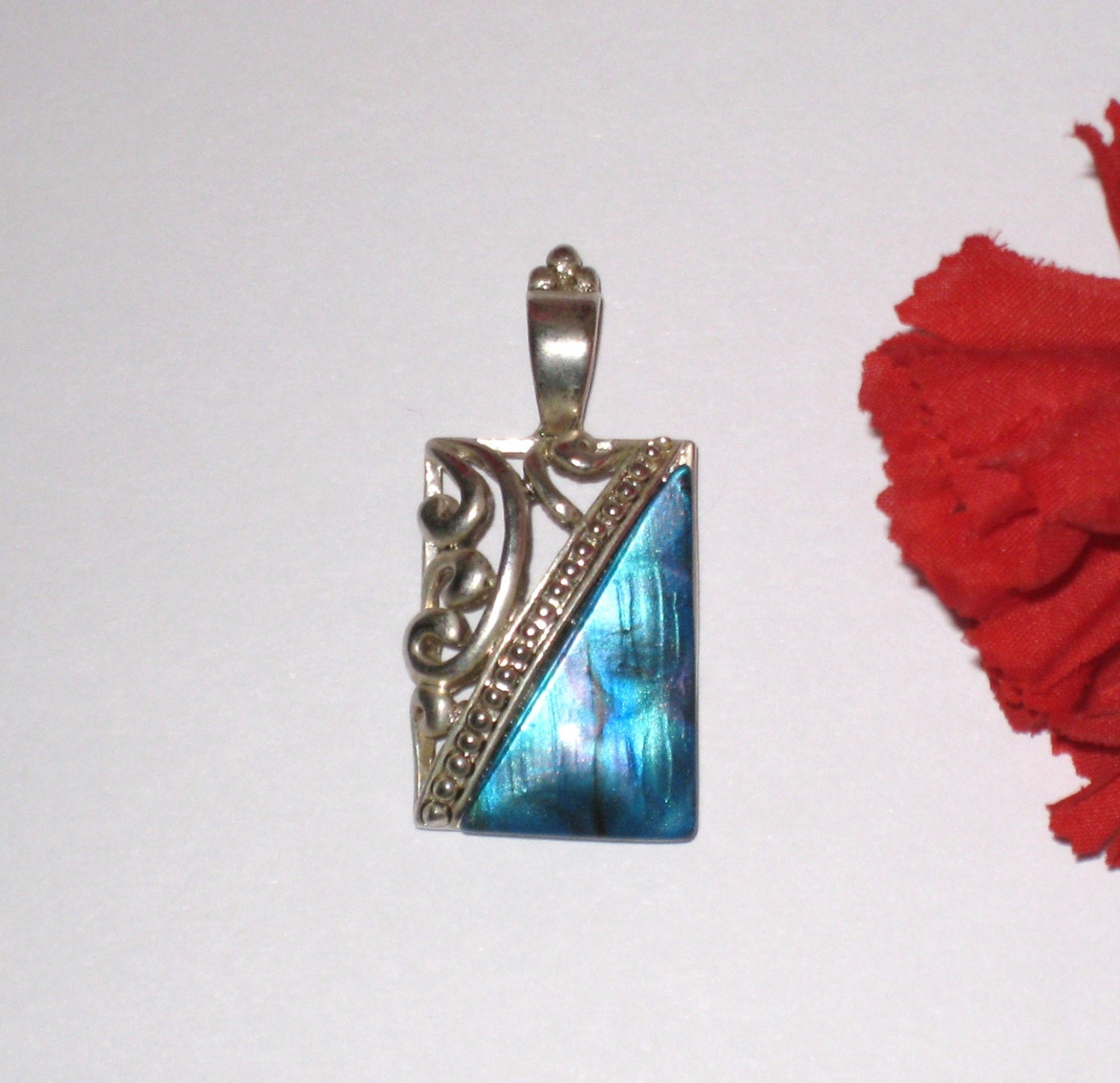 Art Deco Style Chunky Paua Shell & Filigree Pendant / Signed BEST / Free Us Shipping