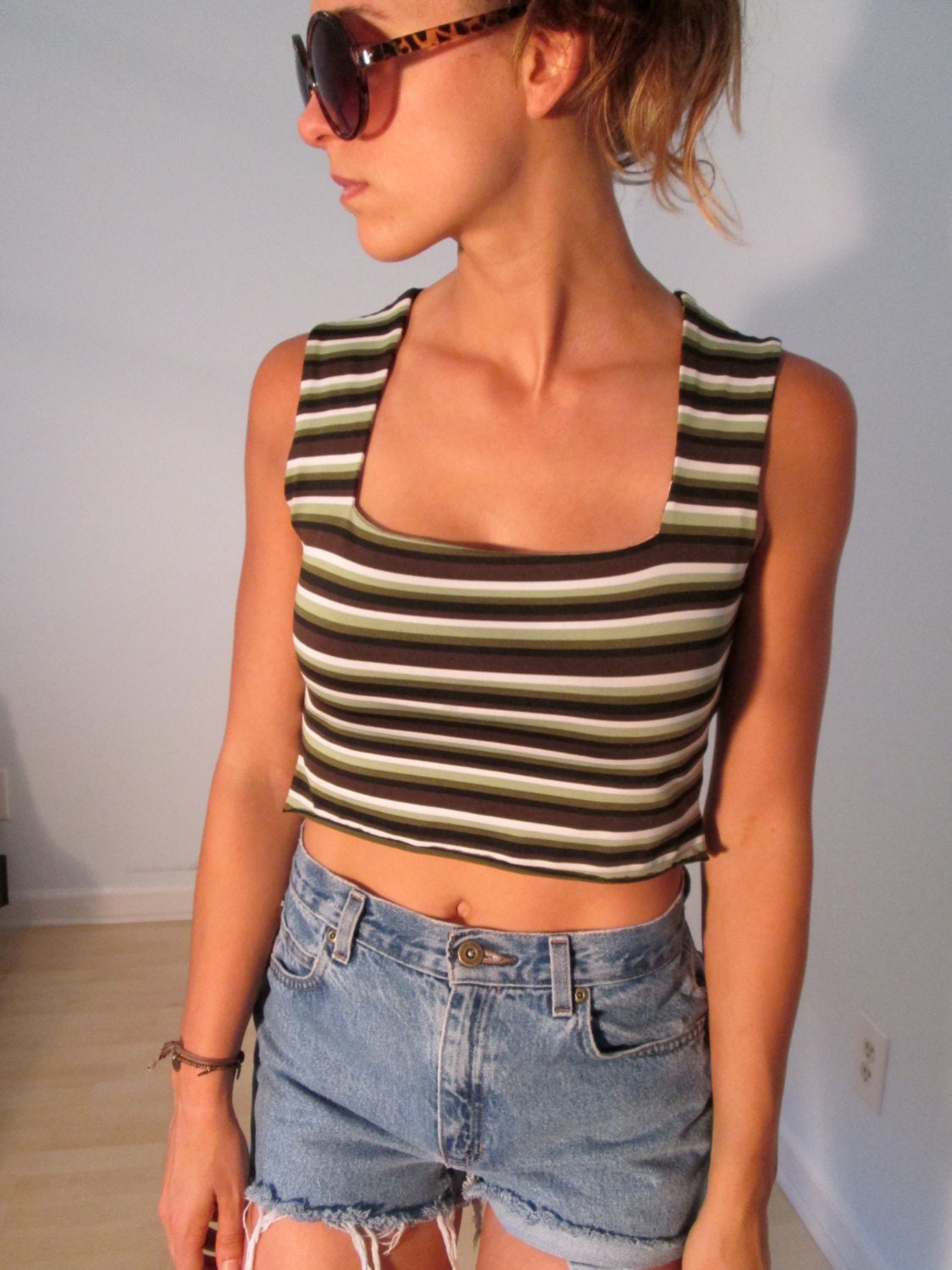 Hand Made OOAK Crop Top Tank XS S Grunge Green Brown Striped Hippie Gypsy Club Kid Acid 90s Hipster Festival Wear Shirt