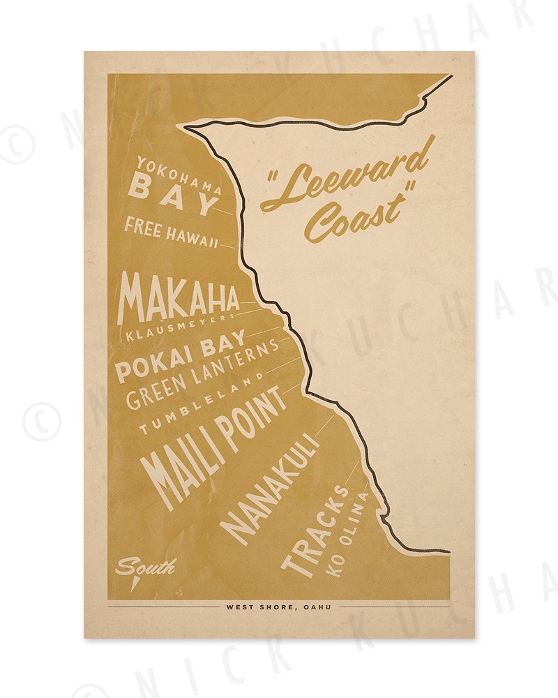 Oahu - Leeward Coast Surf Map - 12x18 Retro Hawaii Print