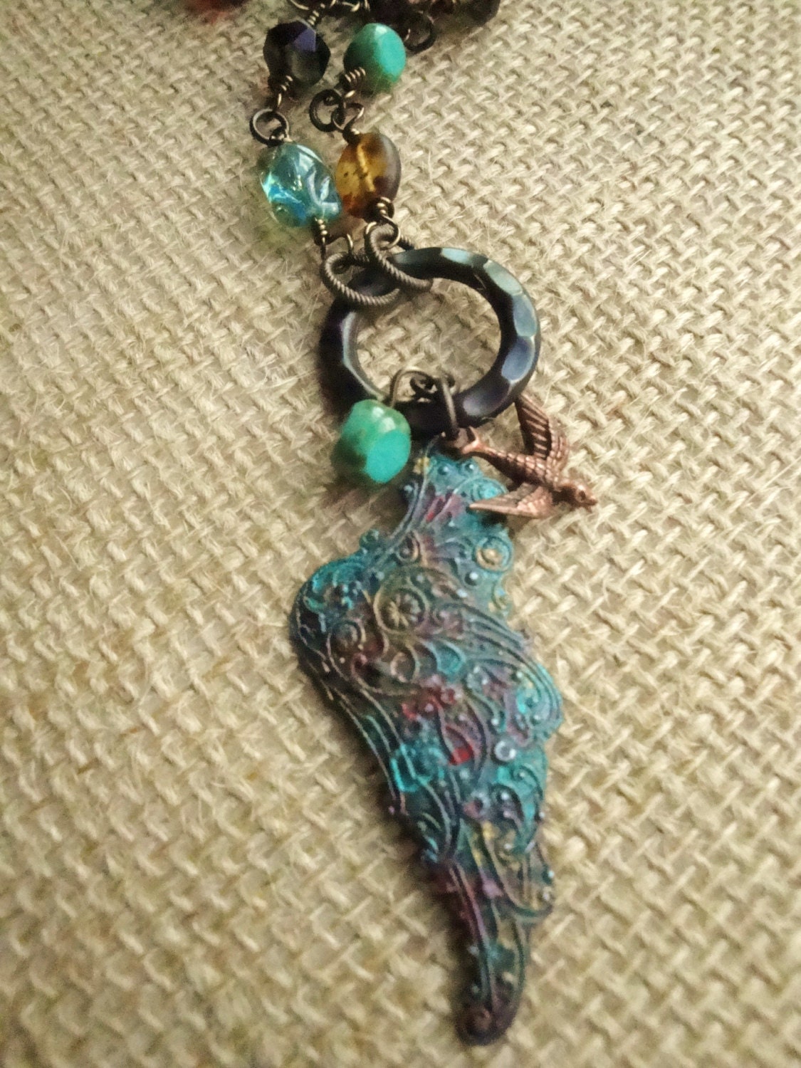 Vintaj Hand Patina Wing Czech Glass Copper Bird OOAK Necklace