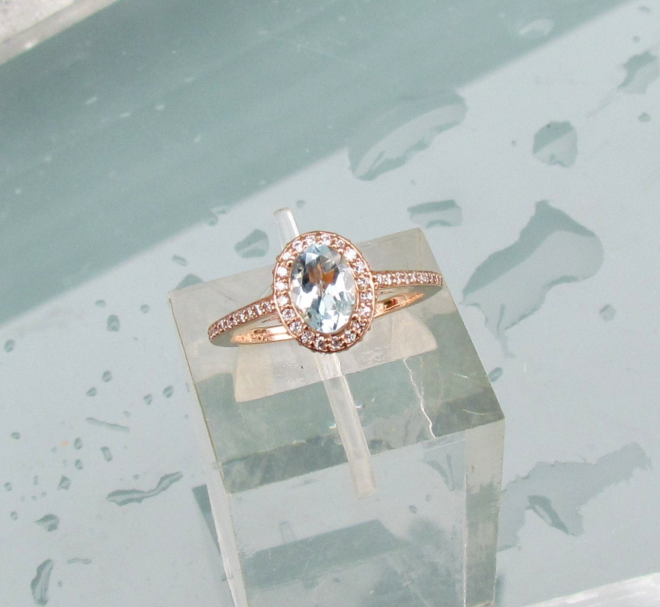 Engagement Ring Aquamarine in 14k Rose Gold Diamond Halo March Birthstone Gemstone Jewelry