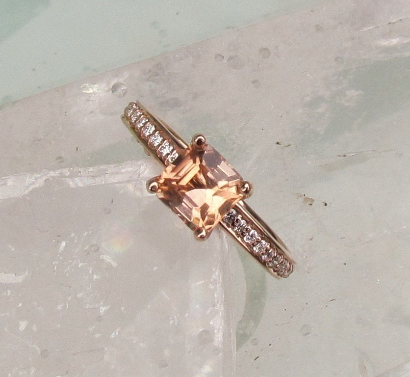 Asscher Cut  Peach Tourmaline 14k Rose Gold Diamond Accented Engagement Ring Morganite Alternative