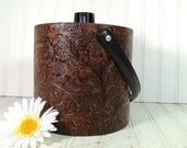 Brown Tooled Vinyl & Black Trim Ice Bucket - Vintage IrvinWare Faux Leather Design - Cocktail Generation Entertaining