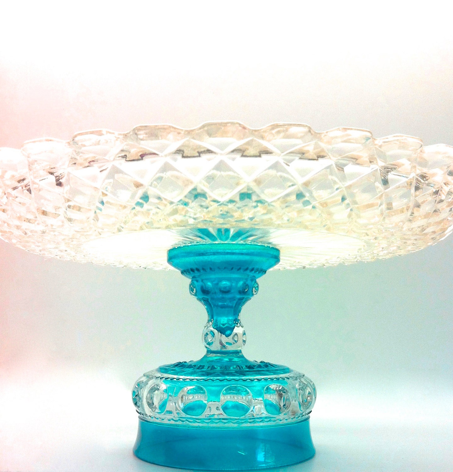 14" Cake Stand From Vintage Glass with Turquoise Base