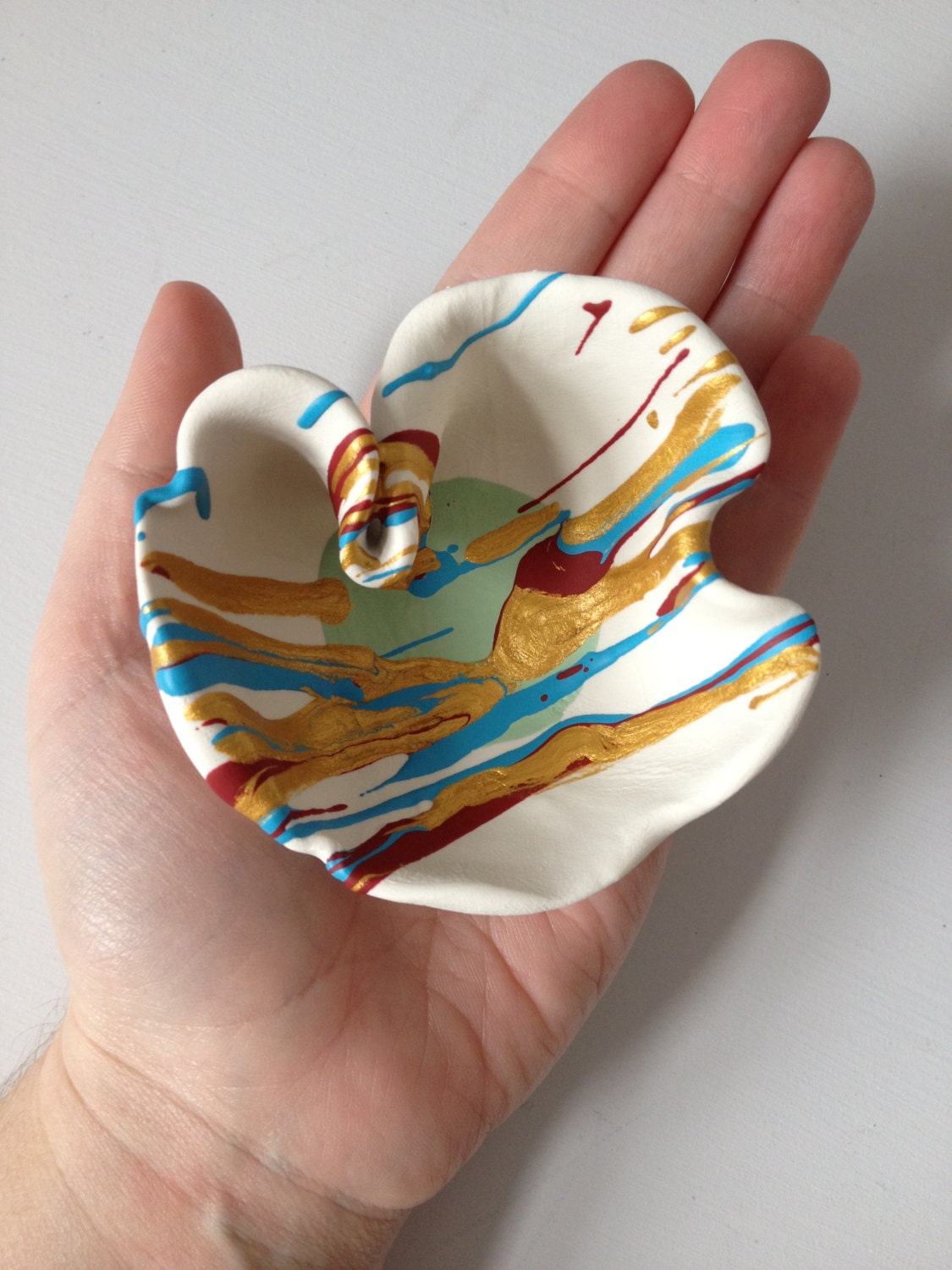 Southwestern Santa Fe inspired handpainted polymer clay decorative bowl, gold, crimson, mint, turquoise, home decor
