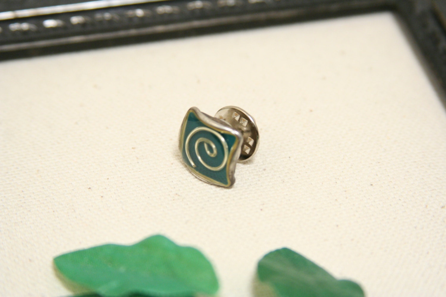 Green Tie Tack - Square Lapel Pin - made with a unique green button with a silver swirl