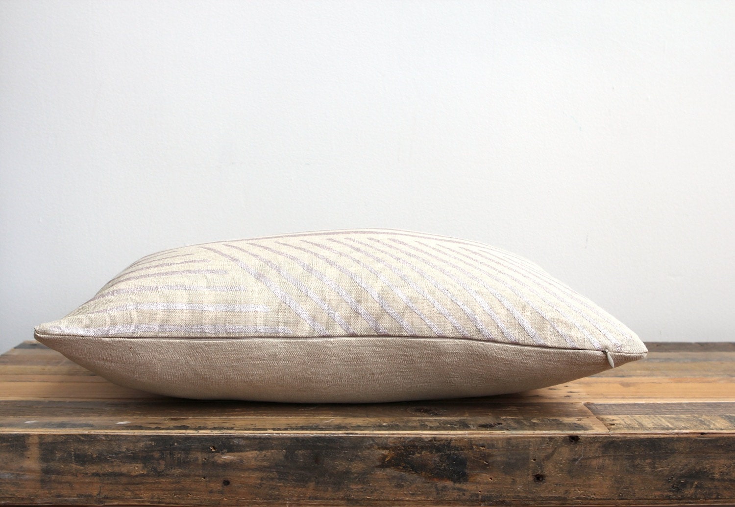 Karnataka lumbar pillow cover hand printed in metallic blush on natural ecru organic hemp 12x21