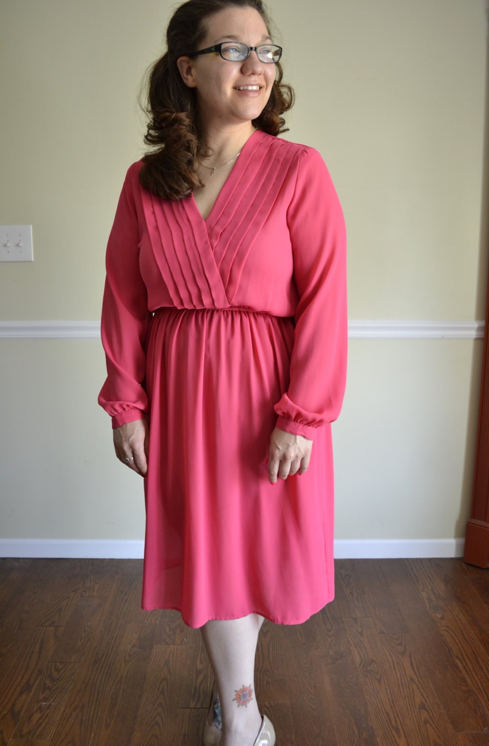 Womens Plus Size 14 Dress Long Sleeved Knee Length V Neck Pink