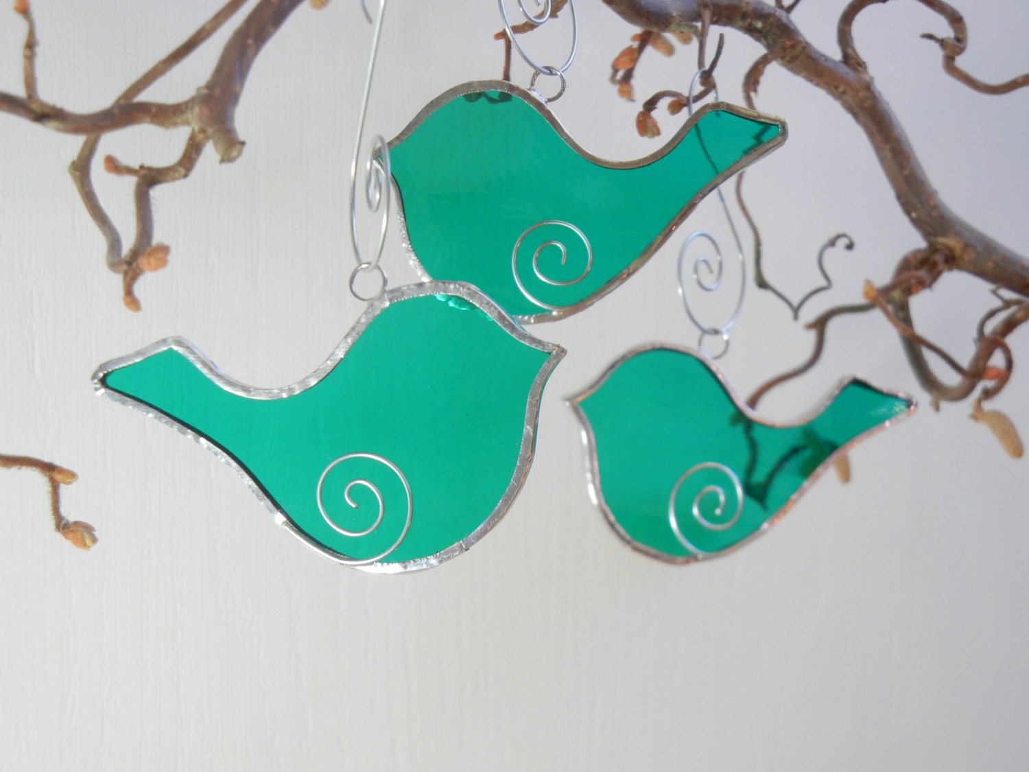 3 Custom BIRDS - Wedding Party Favors in Teal Green Stained Glass or Your Glass Choice