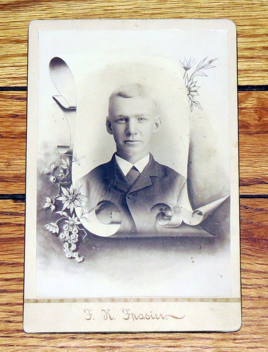 Victorian / Edwardian Death Memorial Cabinet Card -Young Man - Scroll and Flowers - In Memoriam Design - Gold Gilt Edges