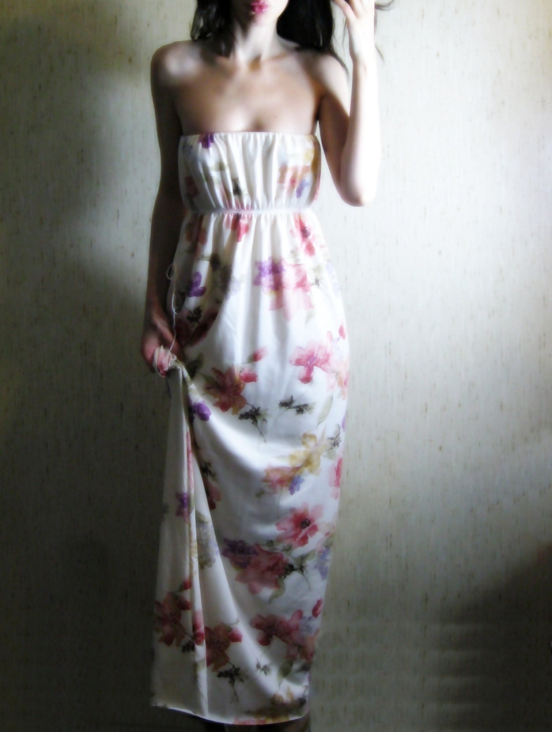 renaissance romance - lovely organic cotton floral print strapless hippie boho maxi dress small