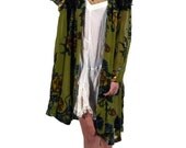 Olive Green Floral Velvet Burnout Gypsy Kimono Jacket