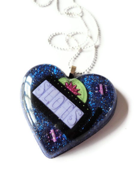 SALE Casino Heart Necklace,Blue and Gold Glitter OOAK
