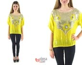 Vintage 1970s Sequins Silk Top w/ Beaded Pearls / Floral Sequins Top / 70s Sequins: sm- / md