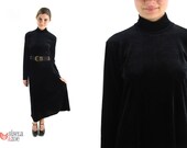 Vintage Minimalist 90s Velvet Dress / Turtle-Neck Black Velvet Maxi Dress / xs / sm / md