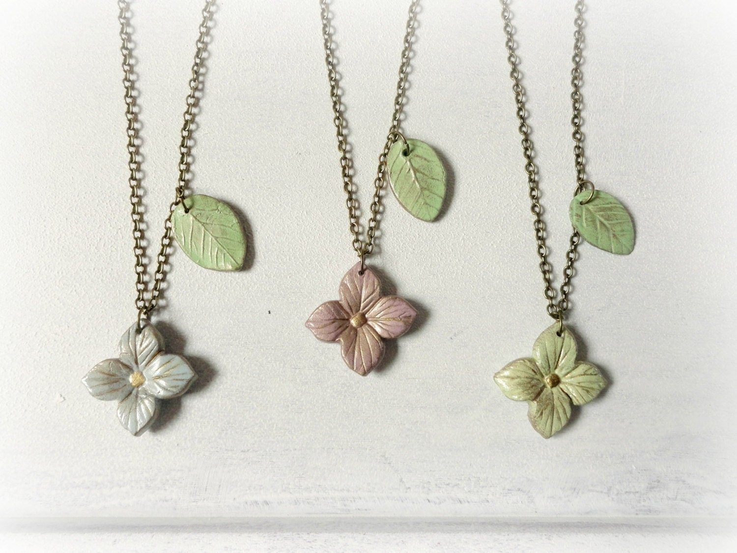 Hydrangea necklace - clay flower leaves sage green mauve pink aqua blue petals bridesmaid set floral jewelry spring