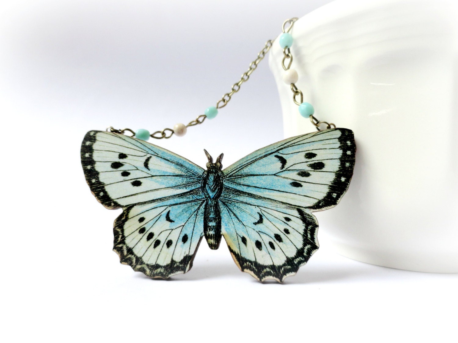 Teal Butterfly necklace - Wood pendant blue turquoise black white ivory glass Gift for her Woodland jewelry nature inspired