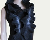 Handmade felted Long ruffle scarf Black and grey Ready to ship