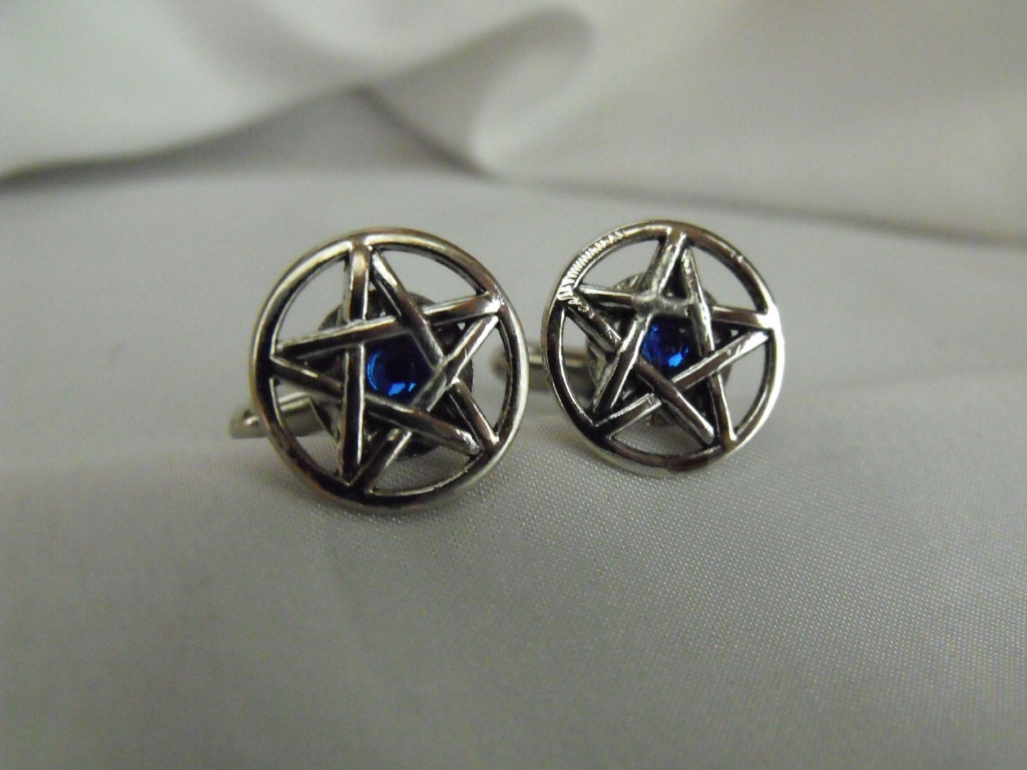 Pentagram Cufflinks Blue Rhinestone Centers