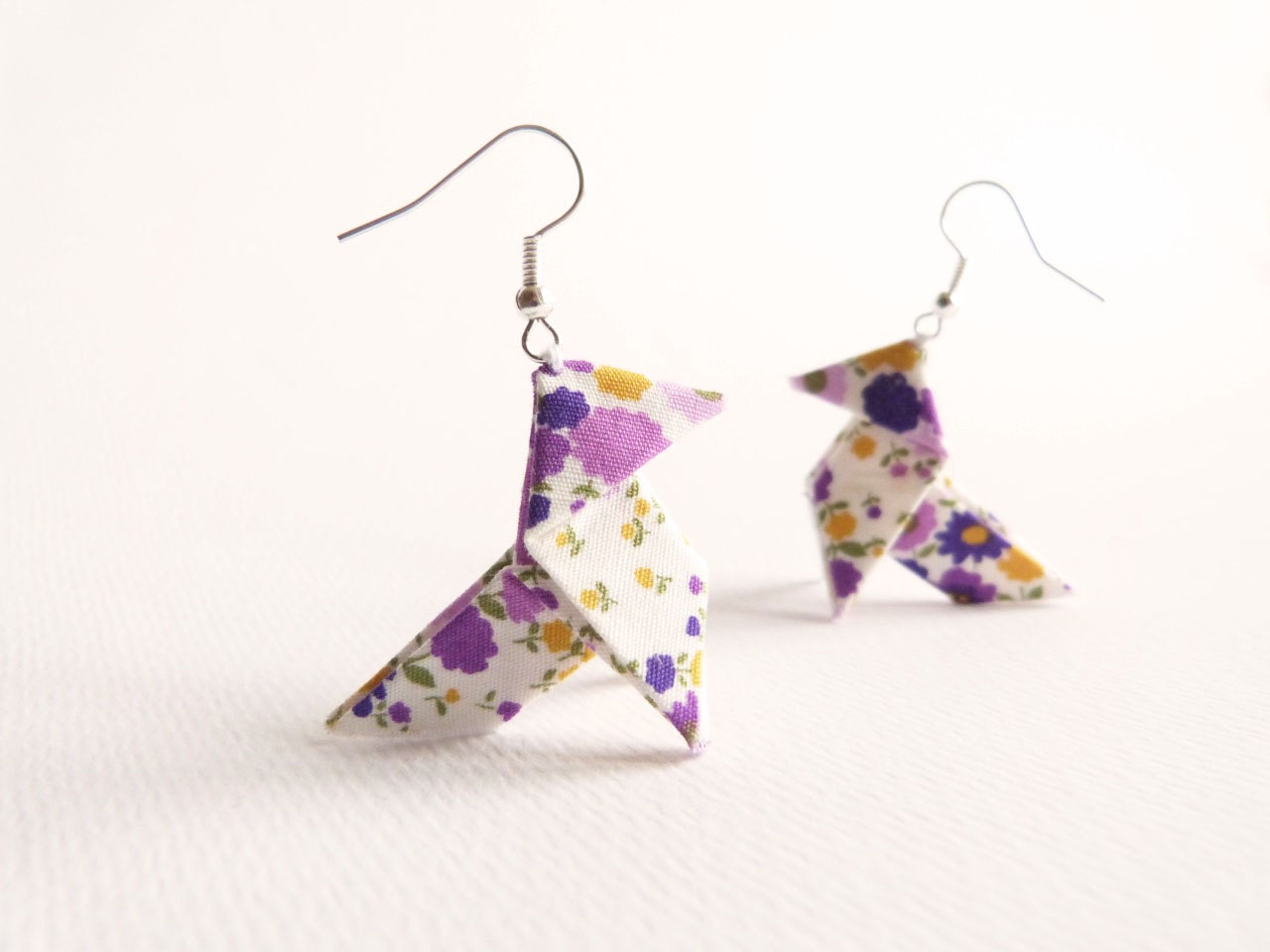 Purple and yellow flower Origami earrings Eco-friendly jewelry OOAK by Jye, Hand-made in France