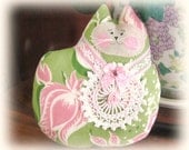 Cat Pillow Doll, Cloth Doll 7 inch Green and Pink Print, Primitive Soft Sculpture Handmade CharlotteStyle Decorative Folk Art