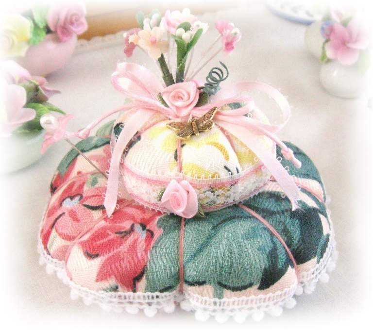 Pincushion Handmade Soft Sculpture Brass Butterfly, PINK FLORAL Double Handcrafted CharlotteStyle Needlecraft