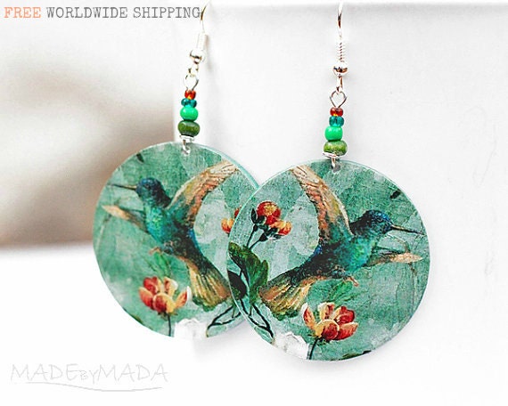 Hummingbird Earrings jade green dangle Romantic  Round decoupage earrings Bird motif diameter 4cm (1,57 inch) ,  gift for her under 25